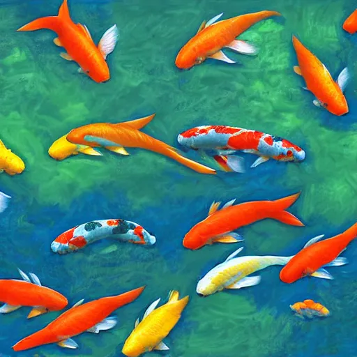 Image similar to dozens of the koi fish swimming in the open space, digital painting by Jonathan Quintin