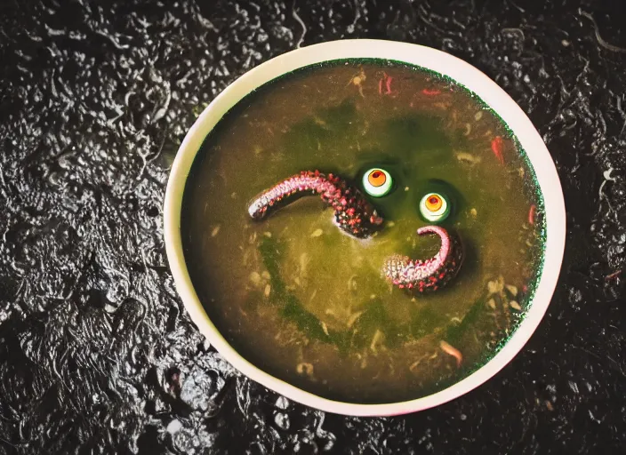 Prompt: dslr photograph of a bowl eldritch horror soup filled with tentacles and eyeballs on a damp sewer floor, 8 5 mm f 1. 8