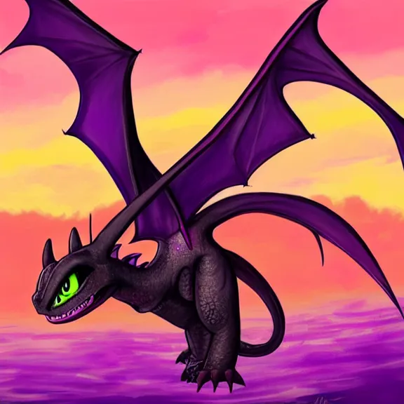 Image similar to High definition quality picture of toothless the dragon from How to Train a Dragon with a pink and purple Sunset Viking art style