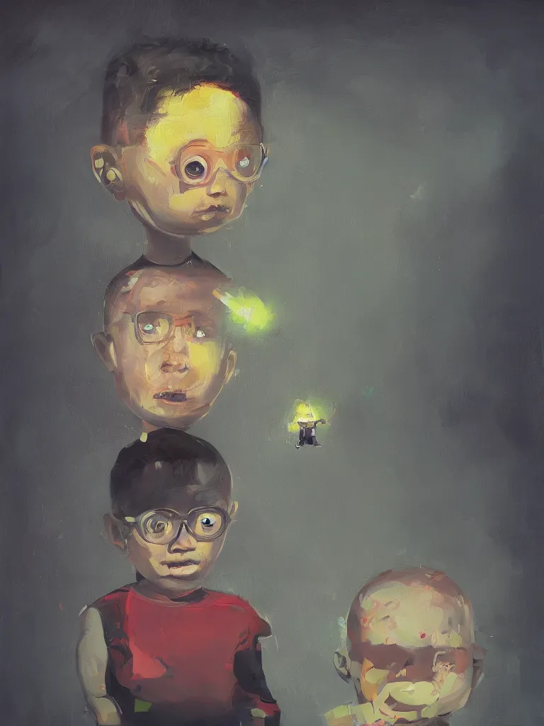 Prompt: a contemporary painting of a portrait of a cute little boy whose head bursts up and the brain comes out in a painting from stalenhag 4 k 8 k hdr black background