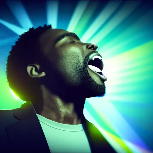 Image similar to a black man singing with all teeth shown ultra realistic, lens flare, atmosphere, glow, detailed, intricate, full of colour, cinematic lighting, trending on artstation, 4 k, hyperrealistic, focused, extreme details, unreal engine 5, cinematic, masterpiece, ultra realistic, hyper realistic, highly detailed, sharp focus, digital art