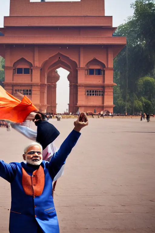 Image similar to narendra modi dancing in india gate closeup, india, detailed, photography alexey kurylev, cinematic