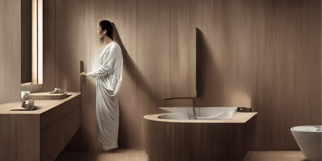 Image similar to beautiful oil matte portrait painting, modern bathroom with wood paneling and concrete walls designed by zaha hadid, wonderful masterpiece, highly detailed, beautiful cinematic light, deep focus, elegant, digital painting, smooth, sharp focus, golden ratio, dramatic illumination, ultra realistic, 8 k, art by artemisia lomi gentileschi and caravaggio