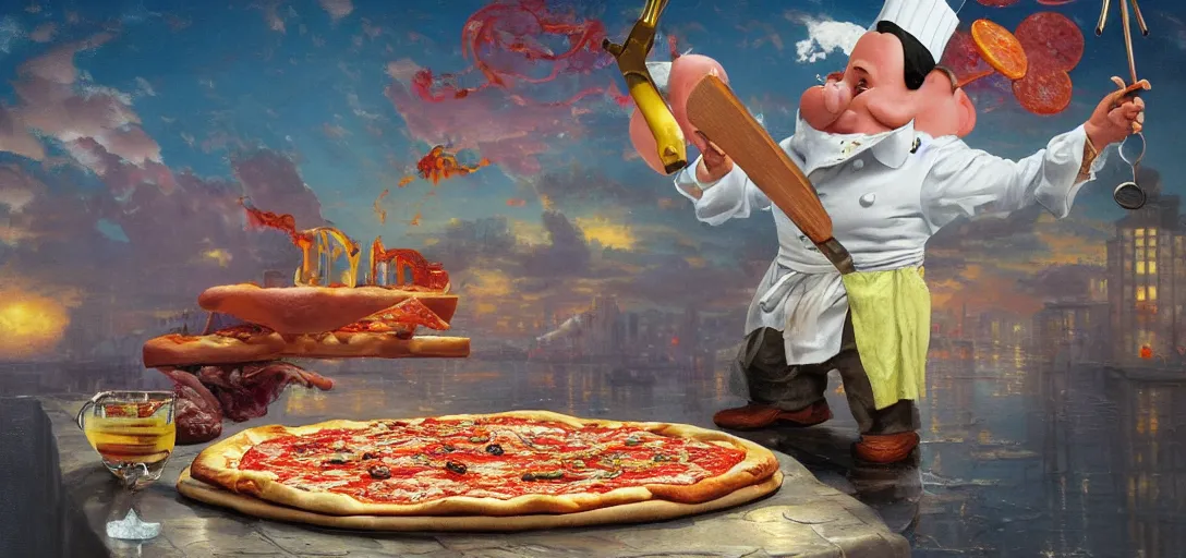 Prompt: poster artwork by Michael Whelan Rendering of a chef using weird tools on his pizza, happy, colorful, full of details by thomas kinkade, Matte painting, trending on artstation,
