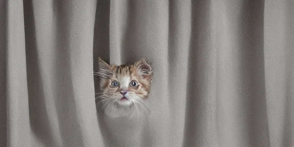 Image similar to shower curtain product catalog. wide - angle photo. on the curtain is a low - angle hero - shot watercolor of promotional still of a fluffy wet tabby kitten wrapped in a towel. the water color has ink under drawing. highly coherent, product photography of a shower curtain, product lighting. 4 k, highly detailed. saturated.