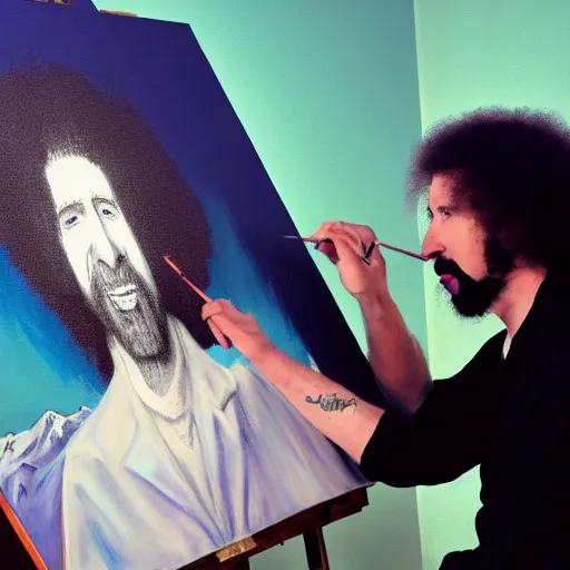 Image similar to a closeup photorealistic photograph of bob ross working on a canvas painting of marilyn manson. happy trees, mountain scape. film still. brightly lit scene. this 4 k hd image is trending on artstation, featured on behance, well - rendered, extra crisp, features intricate detail, epic composition and the style of unreal engine.
