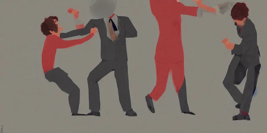 Prompt: A fist fight between two men, in the style of David Lynch, by Wes Anderson, concept art, arstation