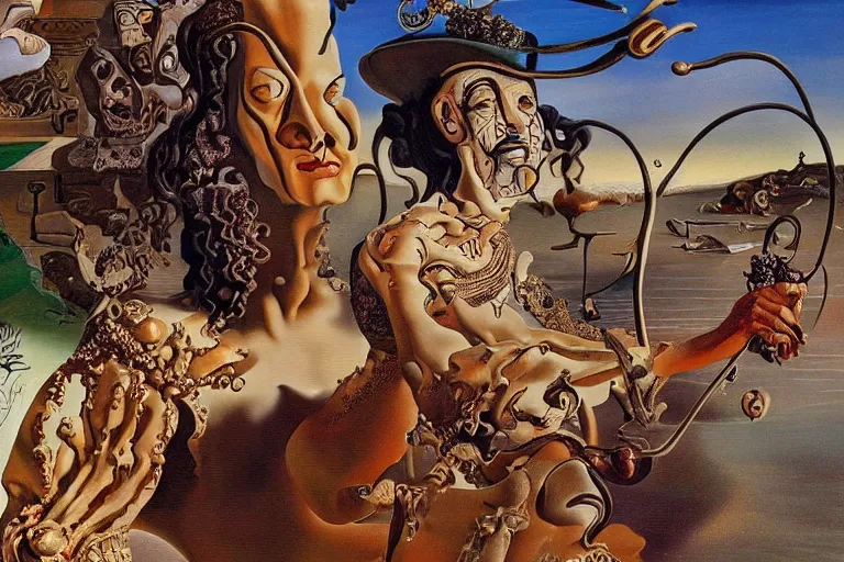 Image similar to Painting by Salvador Dali, Extremely Highly detailed, Occult, funny, humorous, humor, hilarious, funny, entertaining, magical, trending on artstation HQ, closeup, D&D, intricate, elegant, highly detailed, digital painting, artstation, concept art, matte, sharp focus, illustration, surrealism