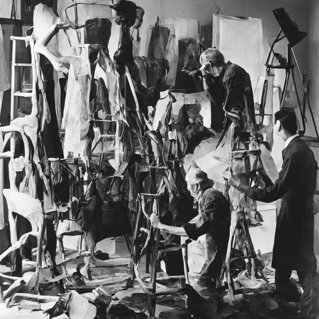 Prompt: photograph of marcel duchamp putting the finishing touches on his sculpture bride stripped bare by her bachelors even in his studio