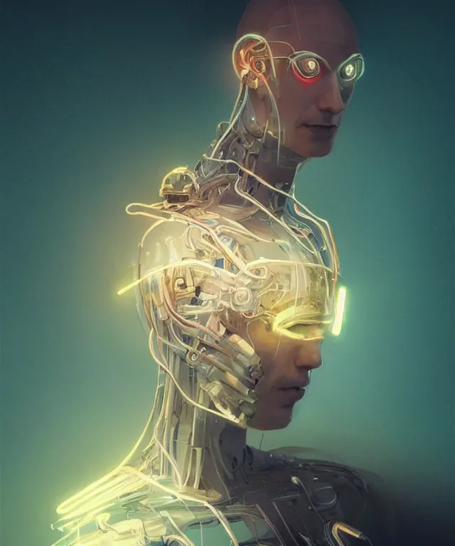 Image similar to a man turning into an Android portrait wearing a part cybernetic body, surrealism , scifi, intricate, elegant, sharp eyebrows, highly detailed cybernetic body, neon glowing eyes, digital painting, artstation, concept art, smooth, sharp focus, illustration, art by Artgerm and moebius and Peter Mohrbacher