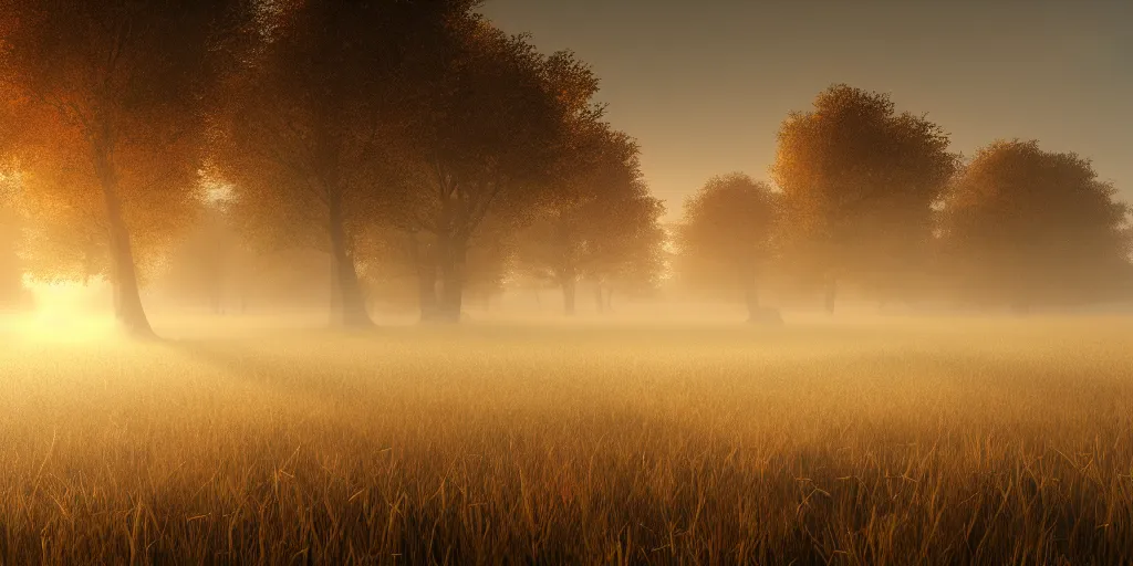 Prompt: Dutch moor field, blanket of fog, volumetric lighting, beautiful, golden hour, sharp focus, ultra detailed, cgsociety