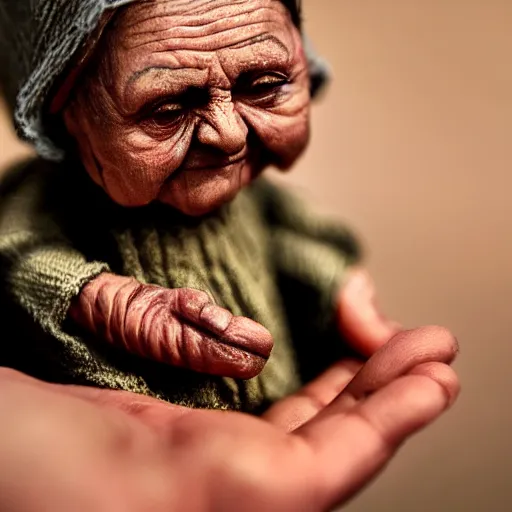 Image similar to miniature ancient old woman in palm of giant hand, short dof, macro photo, tiltshift, cutest, large head, tiny body, hyper realistic, minutely detailed, 8 k