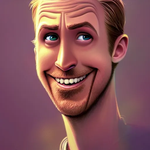 Prompt: portrait of a cartoon ryan gosling smiling, medium shot, zootopia, fantasy, intricate, cinematic lighting, digital painting, artstation, concept art, smooth, sharp focus, pixar zootopia illustration, art by artgerm and greg rutkowski and disney, detailed textures, award winning portrait studio lighting by jessica rossier and brian froud and gaston bussiere