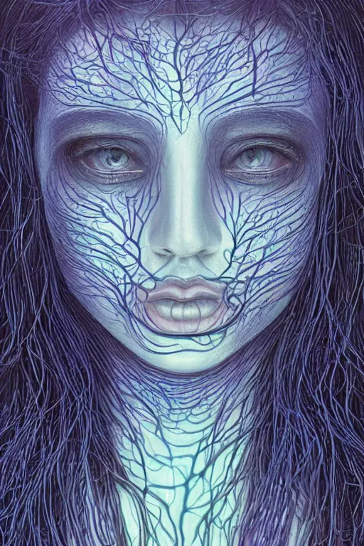 Image similar to dark underwater portrait of a Bioluminescent woman, with reaction diffusion semi-transparent skin. face closeup. long intricate dark hair, with jellyfish. very high detail, illustration, by alex grey