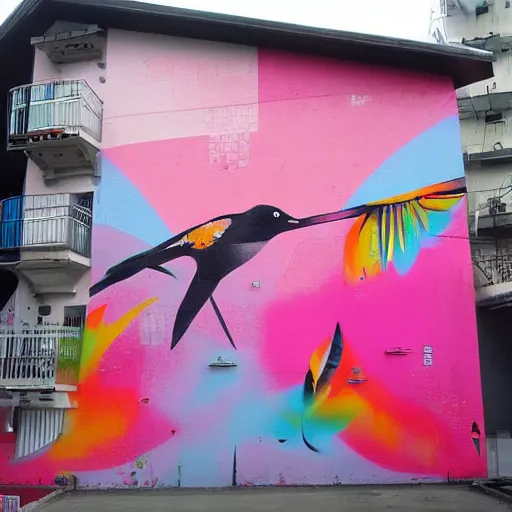 Prompt: an enormous mural in pink and orange, many colorful birds and exuberant fish mixing and blending, urban Street art by refreshink, l7m, pantone, ghibli