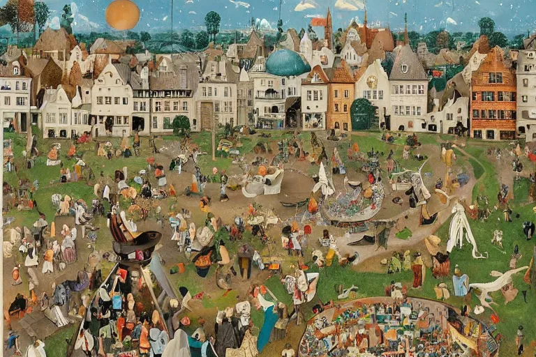 Prompt: an elaborate and dense painting of a peaceful neighborhood, detailed, made of alcohol ink on parchment and penned illustrations, by wes anderson!!!!!!!! and ( ( ( ( ( ( ( ( ( ( hieronymus bosch ) ) ) ) ) ) ) ) ) ) and geoff darrow!!!!!!!!