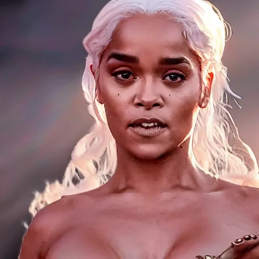 Prompt: rhianna as daenerys targaryen, golden hour, cinematic