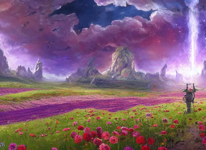 Image similar to what was once a bloody battlefield is now a flower field in the cosmic sky by vladimir volegov and alexander averin and peder mørk mønsted and adrian smith and raphael lacoste