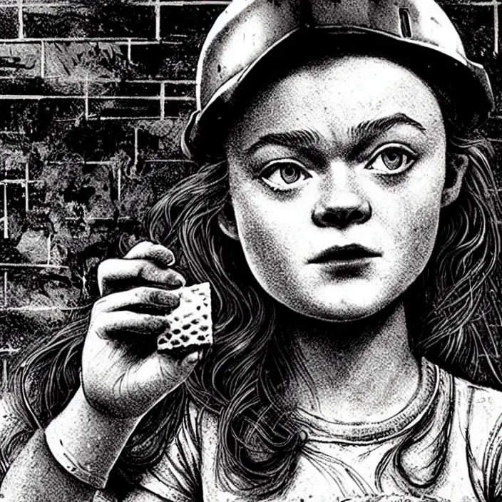 Prompt: extreme close - up on sadie sink as a miner : she lifts a slice of bread with her hand. background : black tiles on walls. black and white, pencil and ink. by gabriel hardman, joe alves, chris bonura. cinematic atmosphere, detailed and intricate, perfect anatomy