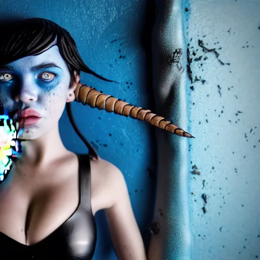 Image similar to a dnd Triton girl with blue skin and messy black hair wearing a leather swimsuit in a pantry eating an apple, a little blue-skinned girl with messy black hair sharp pointed ears freckles along the ridges of her cheeks, dnd triton, high resolution film still, 4k, HDR colors
