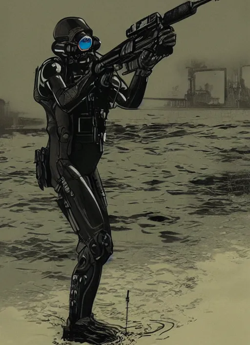 Prompt: black cat. USN blackops operator emerging from water at the shoreline. Operator wearing Futuristic cyberpunk tactical wetsuit and looking at an abandoned shipyard. Frogtrooper. rb6s, MGS, and splinter cell Concept art by James Gurney, Alphonso Mucha. Vivid color scheme.