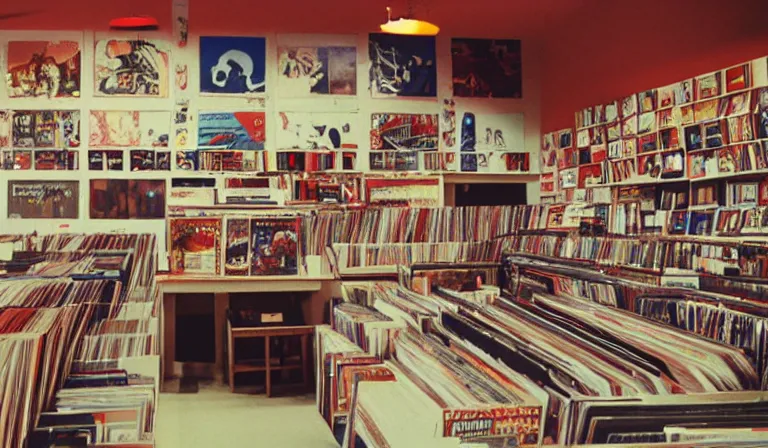Prompt: A record store designed by Tadanori Yokoo, 35mm film, long shot