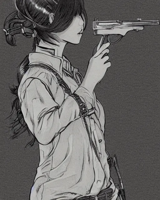 Image similar to portrait of a girl holding a pistol, detailed manga art panel, professional