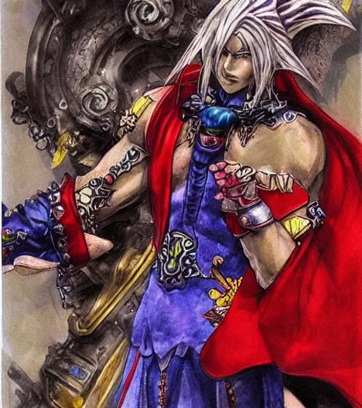 Image similar to kefka palazzo using a smartphone!!!!!!! by yoshitaka amano, concept art