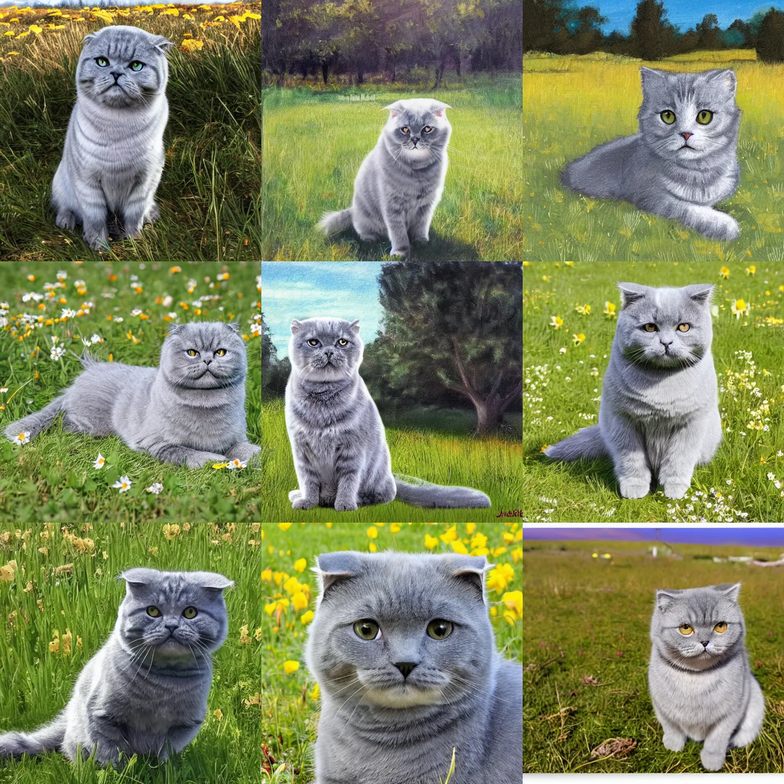 Prompt: a gray scottish fold sitting in the middle of sunny meadow, by john romita sr.