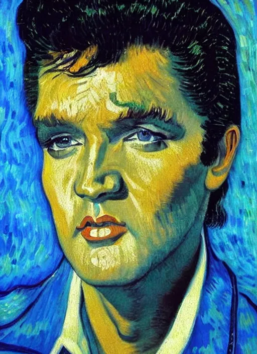 Prompt: oil painting of elvis presley by van gogh