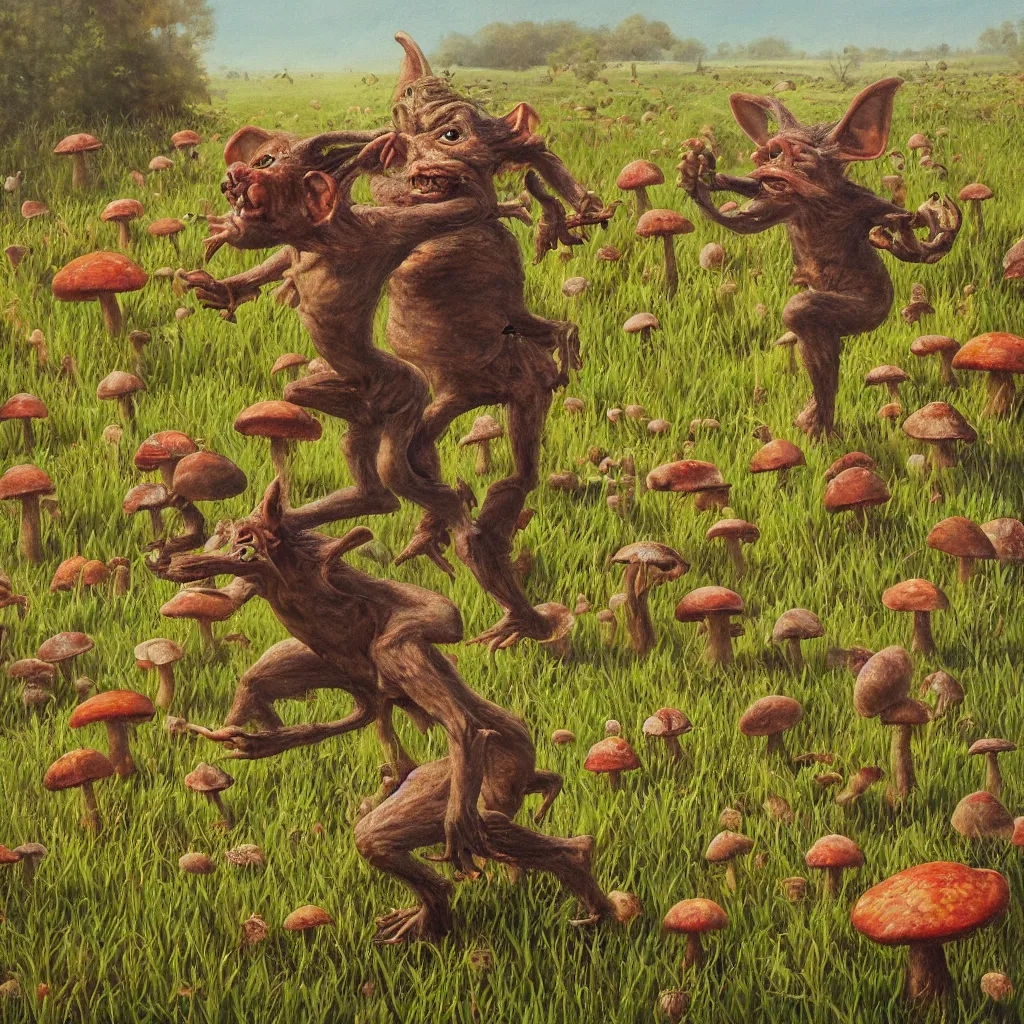 Prompt: a realistic painting of a goblin dancing in a field of mushrooms by Kuang Hong,