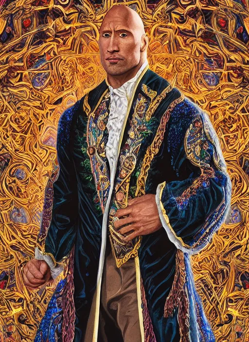 Image similar to beautiful oil painting, portrait of Dwayne the rock Johnson as Louis xiv in coronation robes 1701, Dan Mumford, dan Mumford, Dan Mumford, Alex grey, Alex grey, lsd visuals, dmt fractal patterns, entheogen, psychedelic, hallucinogen, highly detailed, ornate