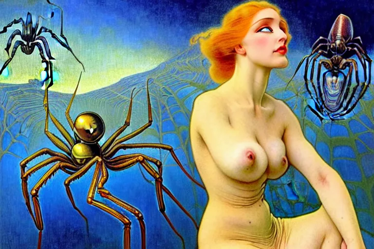 Image similar to realistic extremely detailed portrait painting of a fully dressed woman with a giant spider, futuristic sci-fi landscape on background by Jean Delville, Amano, Yves Tanguy, Alphonse Mucha, Ernst Haeckel, Edward Robert Hughes, Rolf Armstrong, rich moody colours, blue eyes