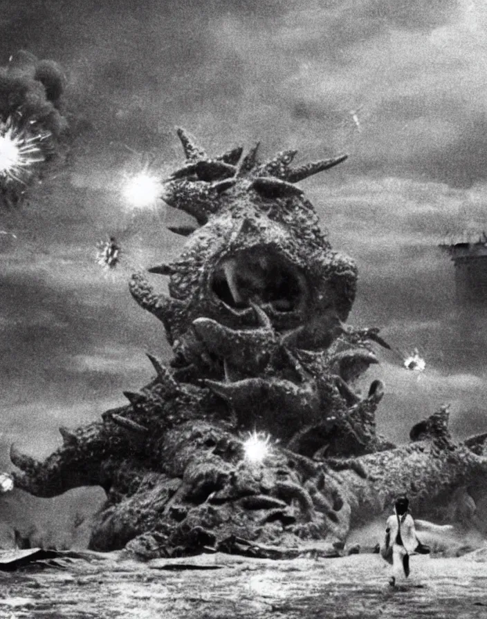 Image similar to a filmstill of a north korean monster movie, kaiju - eiga monster starfish - like trampling a traditional korean palace, foggy, film noir, epic battle, etheral, explosions, communist propaganda, communist epic thriller, by akira kurosawa and wes anderson video compression