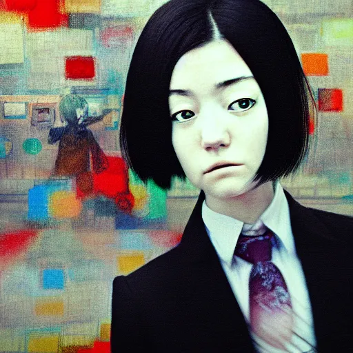 Prompt: yoshitaka amano blurred and dreamy realistic three quarter angle portrait of a young woman with short hair and black eyes wearing office suit with tie, junji ito abstract patterns in the background, shadows on the face, satoshi kon anime, noisy film grain effect, highly detailed, renaissance oil painting, weird portrait angle, blurred lost edges