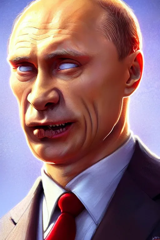 Image similar to vladimir putin as funny and stupid homer simpson, closeup, d & d, fantasy, intricate, elegant, highly detailed, digital painting, artstation, concept art, matte, sharp focus, illustration, hearthstone, art by artgerm and greg rutkowski and alphonse mucha