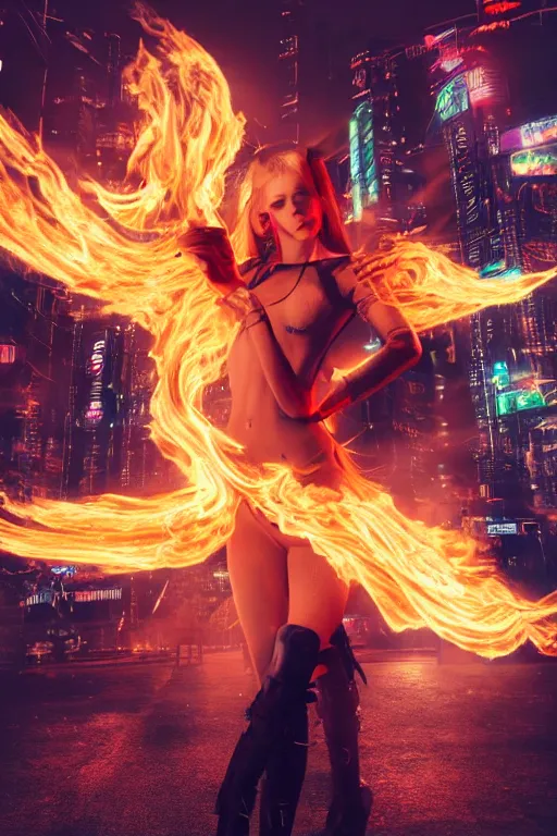 Image similar to young blonde woman with flames dancing on her hands with a long jacket in a cyberpunk city, realistic, high definition, detailed and realistic face, detailed and realistic hands, expressive eyes, 4 k, shimmering color, epic digital art