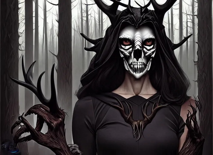 Prompt: style artgerm, joshua middleton, diego fazio, j. c. leyendecker : : scary wendigo with antlers and skull face mixed with werewolf : : [ beautiful witch wearing a black dress, symmetrical face, on the right side ] : : in the forest, detailed, dark and foggy, cinematic lighting