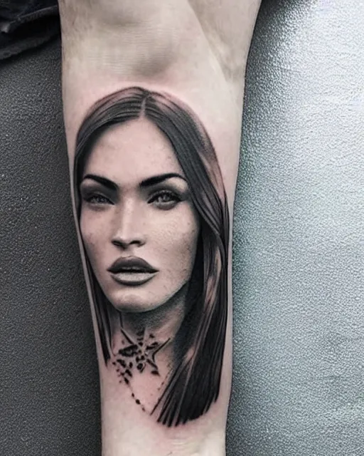 Image similar to creative double exposure effect tattoo design sketch of megan fox faded in beautiful mountain scenery, realism tattoo, in the style of matteo pasqualin, amazing detail, sharp