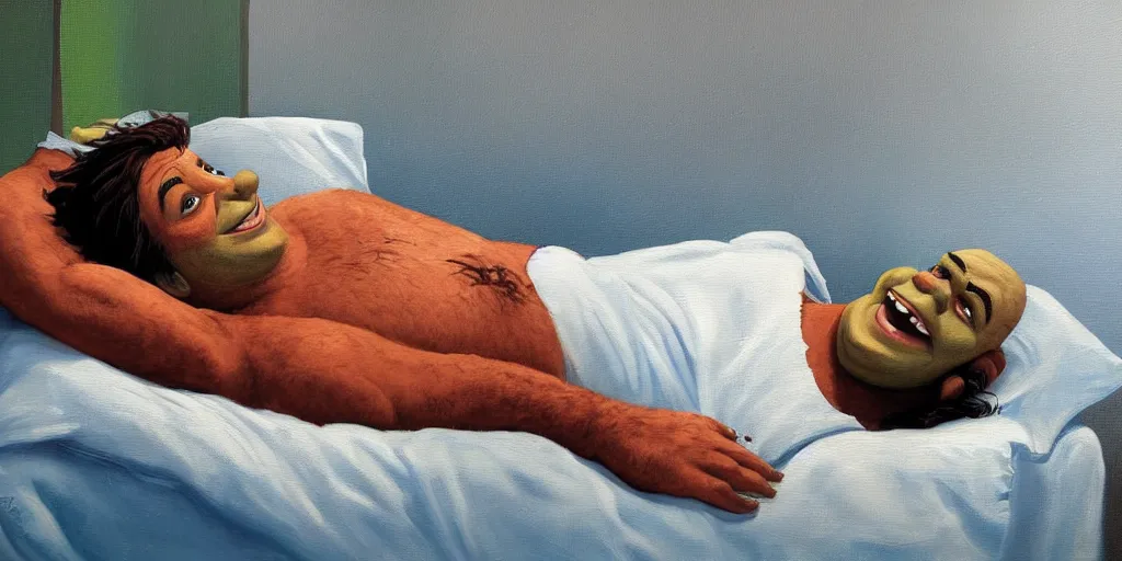 Prompt: A beautiful painting of Shrek laying on his white bed with a laptop on his chest