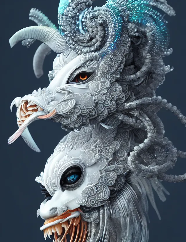 Image similar to 3 d goddess close - up 3 / 4 portrait with ram skull. beautiful intricately detailed japanese crow kitsune mask and clasical japanese kimono. betta fish, jellyfish phoenix, bio luminescent, plasma, ice, water, wind, creature, artwork by tooth wu and wlop and beeple and greg rutkowski