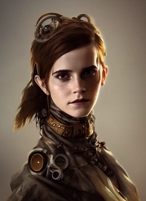 Image similar to steampunk biopunk portrait of emma watson, au naturel, hyper detailed, digital art, trending in artstation, cinematic lighting, studio quality, smooth render, unreal engine 5 rendered, octane rendered, art style by klimt and nixeu and ian sprigger and wlop and krenz cushart.