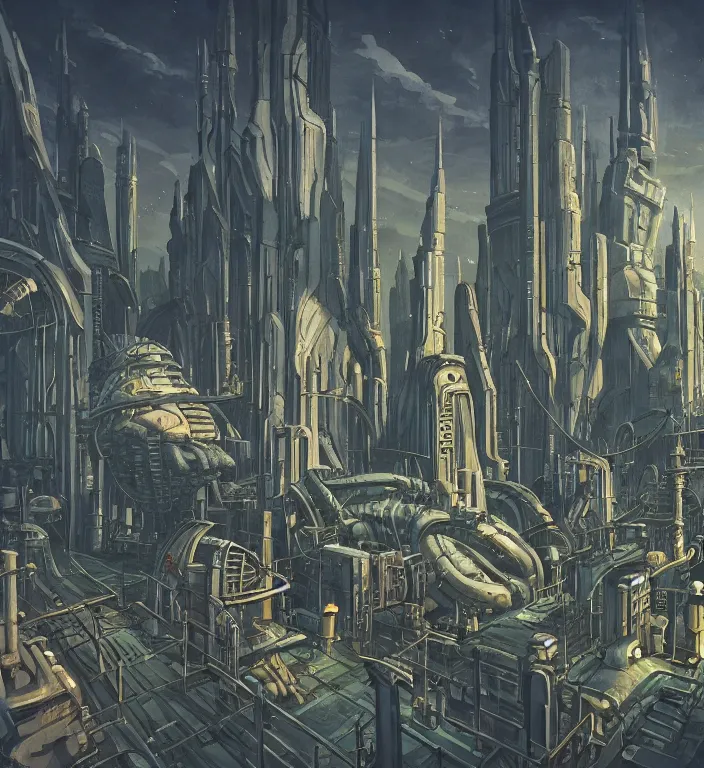 Prompt: game asset sci fi, building assets concept props, ghibli style, h. r giger, in gouache detailed paintings, props, stylized, 2 d sprites, kitbash, city, trains, towers, metropolis, 8 k, close up