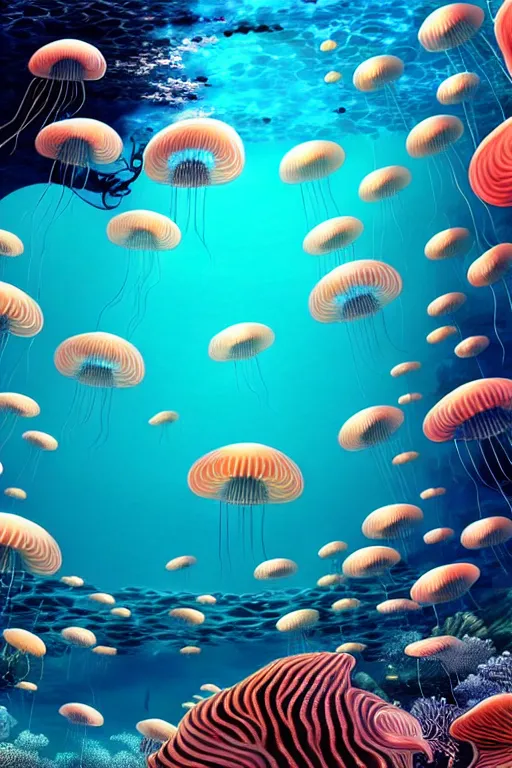 Prompt: jellyfishes, under the sea, scenery wallpaper aesthetic, beautiful, cinematic, dramatic, super detailed and intricate, hyper realistic, 4 k render, by darwyn cooke, by kentaro miura, by koson ohara, by hasui kawase, by satoshi kon