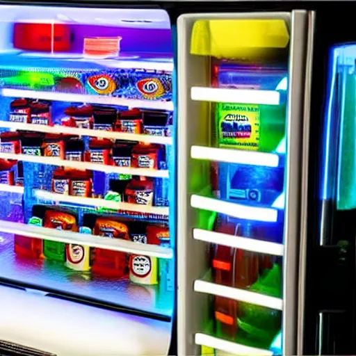 Prompt: photo of a rgb gaming fridge