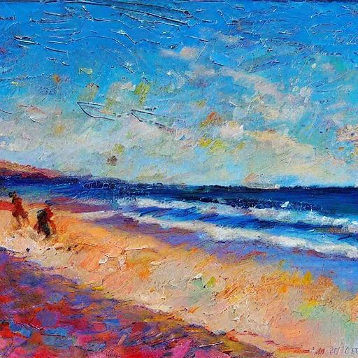 Prompt: a beach in western australia, modern, impressionist, highly textured landscape, palette knife, layered, sculptured, dynamic, oil on canvas