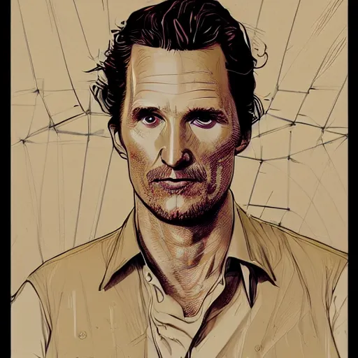 Image similar to a study of cell shaded portrait of matthew mcconaughey concept art, llustration, post grunge, concept art by josan gonzales and wlop, by james jean, Victo ngai, David Rubín, Mike Mignola, Laurie Greasley, highly detailed, sharp focus, alien, Trending on Artstation, HQ, deviantart, art by artgem