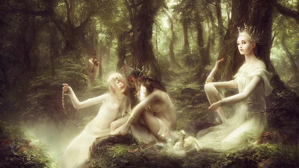 Prompt: elven princess sitting with the monkey god in the melancholy forest. andreas achenbach, artgerm, mikko lagerstedt, zack snyder, tokujin yoshioka