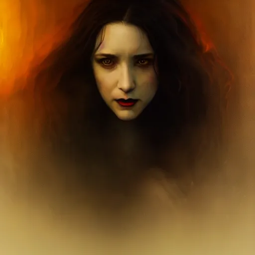 Image similar to riveting charismatic brunette female vampire, portrait, atmospheric lighting, painted, intricate, fog, cold, volumetric lighting, beautiful, night time, blue moon light, sharp focus, deep colours, ultra detailed, by leesha hannigan, ross tran, thierry doizon, kai carpenter, ignacio fernandez rios