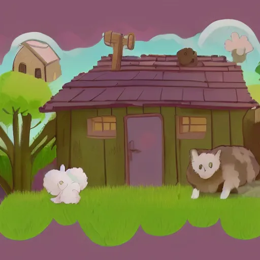 Image similar to of a concept for farming game with cute character and cute house cute animal, pastel color scheme